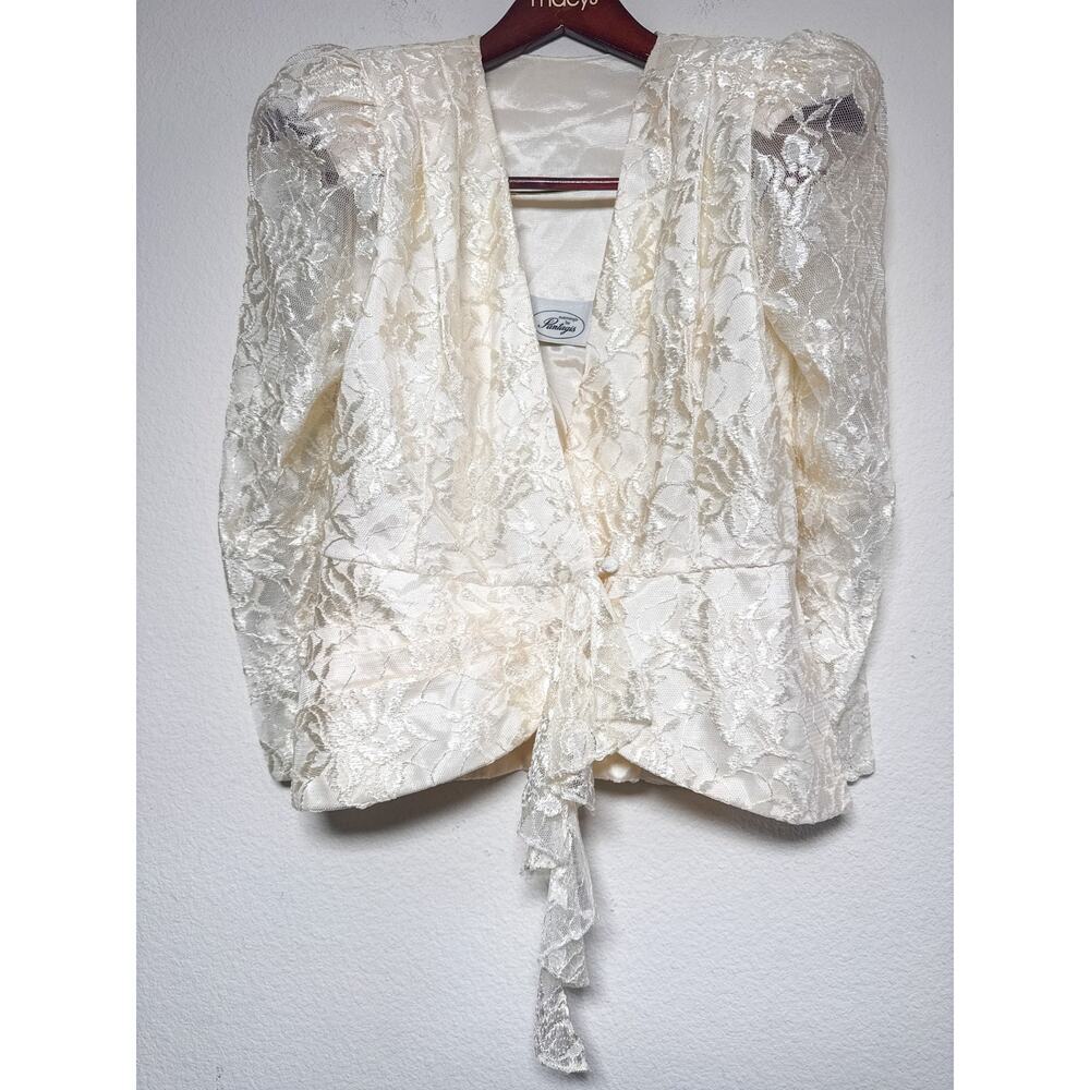 Vintage Lace Peplum Blouse Ivory Romantic Bridal Cottagecore Puff Sleeve Top - Picture 2 of 16